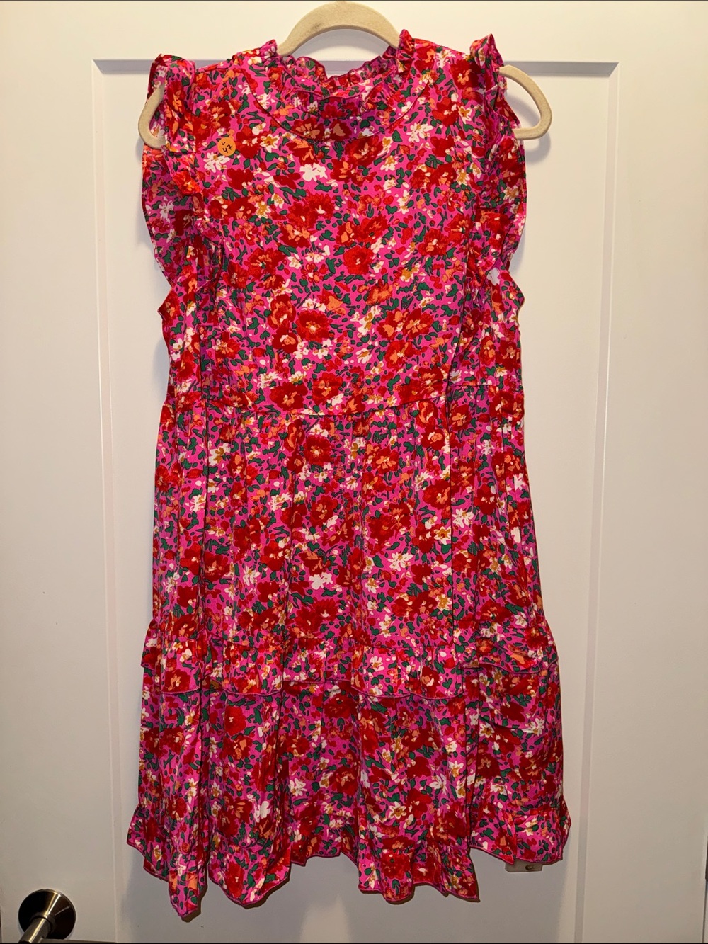 🆕 JODIFL Pink & Red Floral Sleeveless Dress w Ruffle Accents. L. NWT!🔥❤️🩷